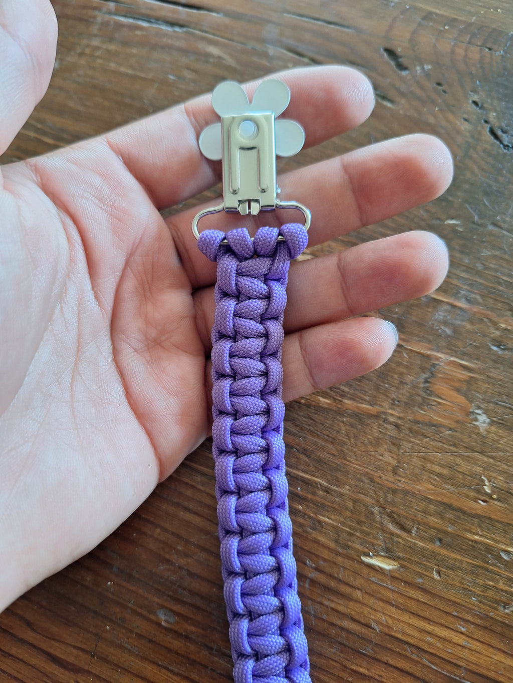 Lavender binky holder with white heart clip