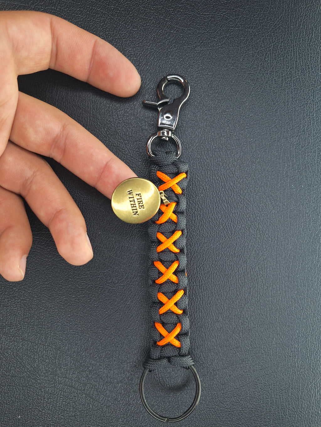 Black/orange paracord Keychain with dove with flames