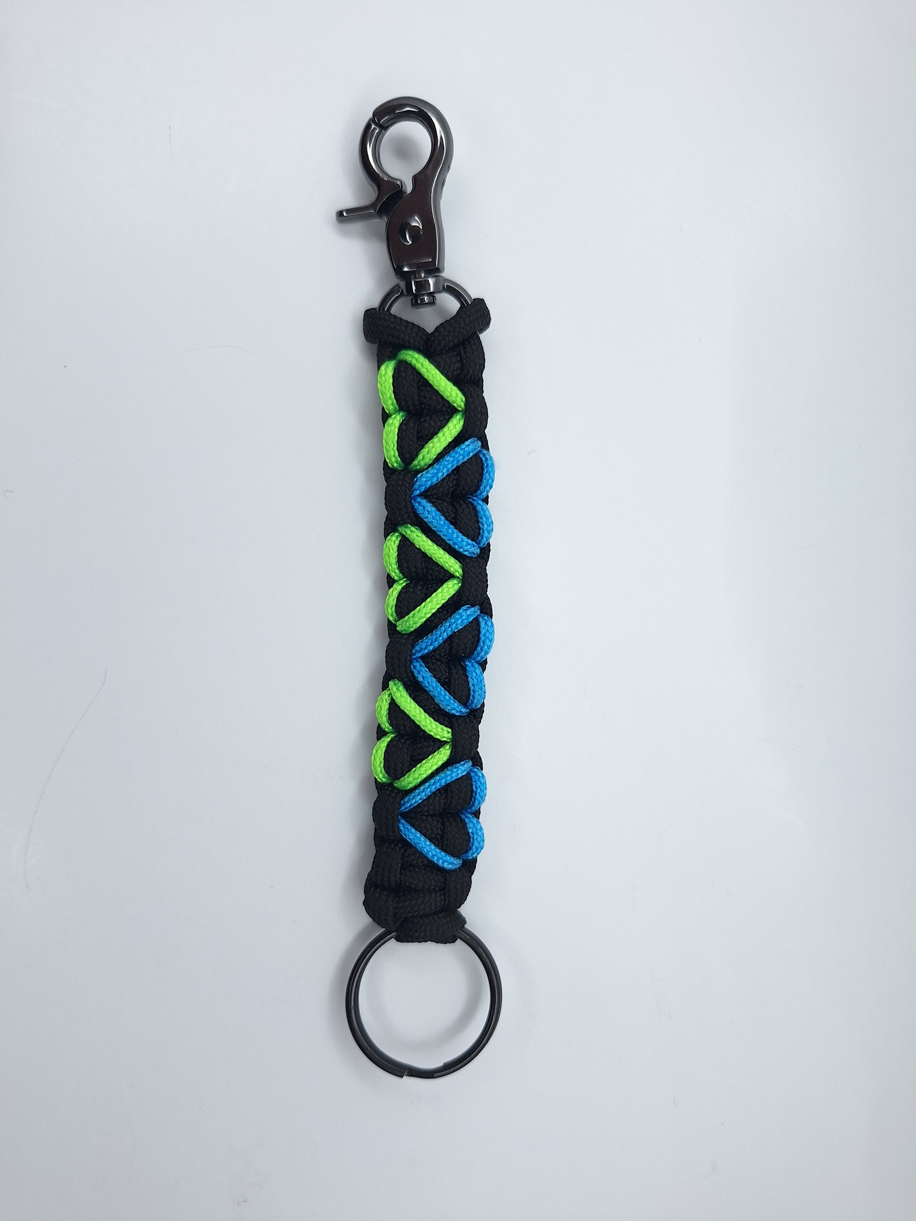 Black paracord Keychain with green and blue hearts