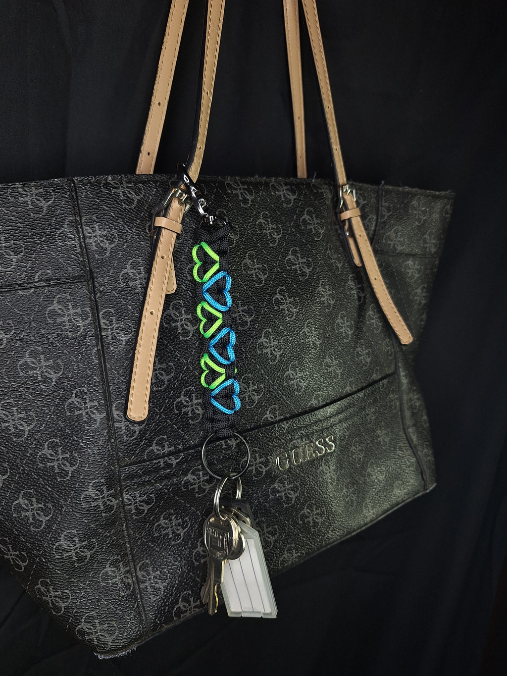 Black paracord Keychain with green and blue hearts