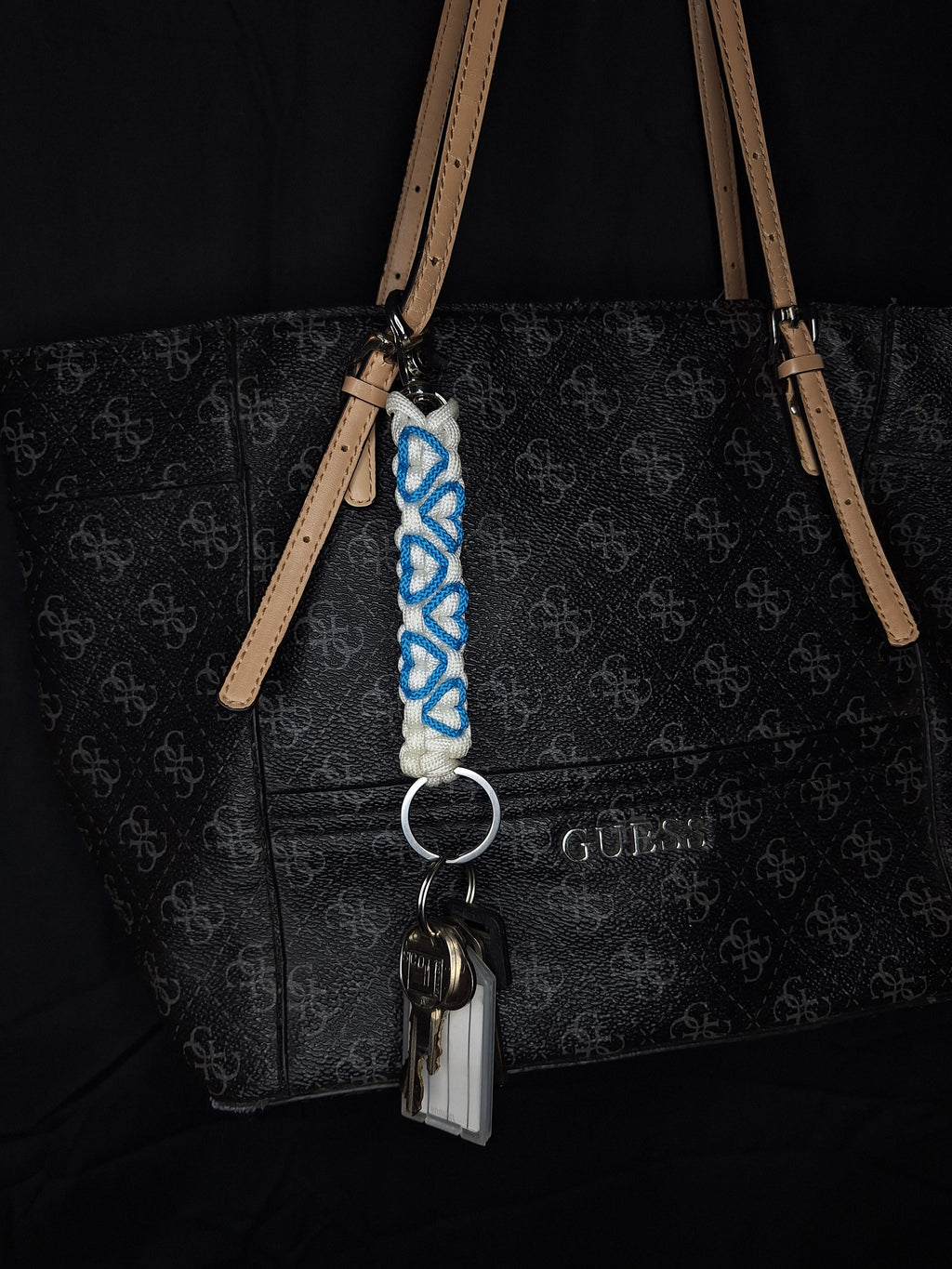 White paracord Keychain with sky blue hearts