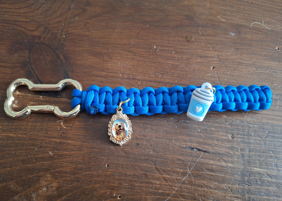 Sky blue golden retriever Keychain with coffee