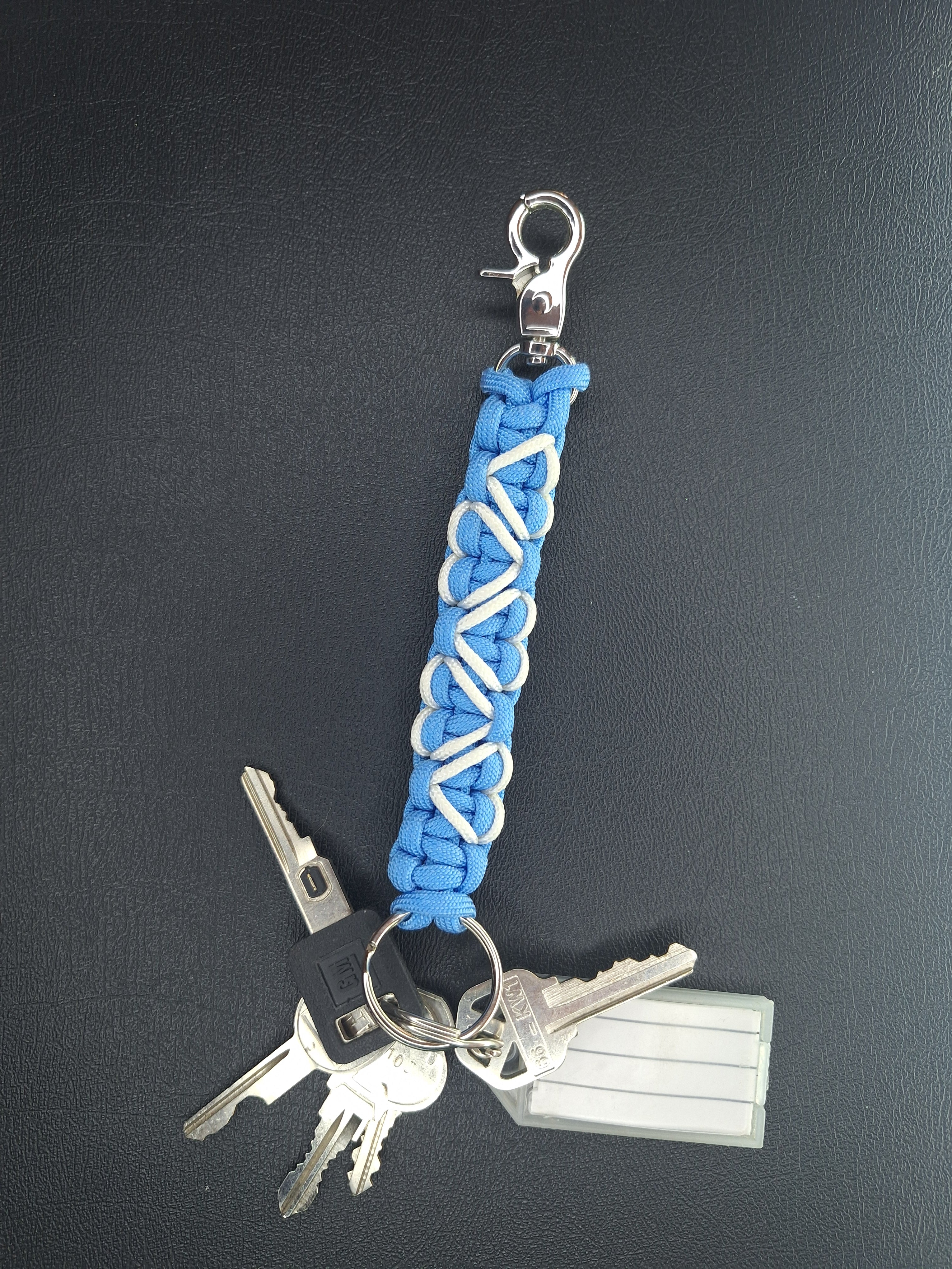 White hearts with light blue paracord Keychain