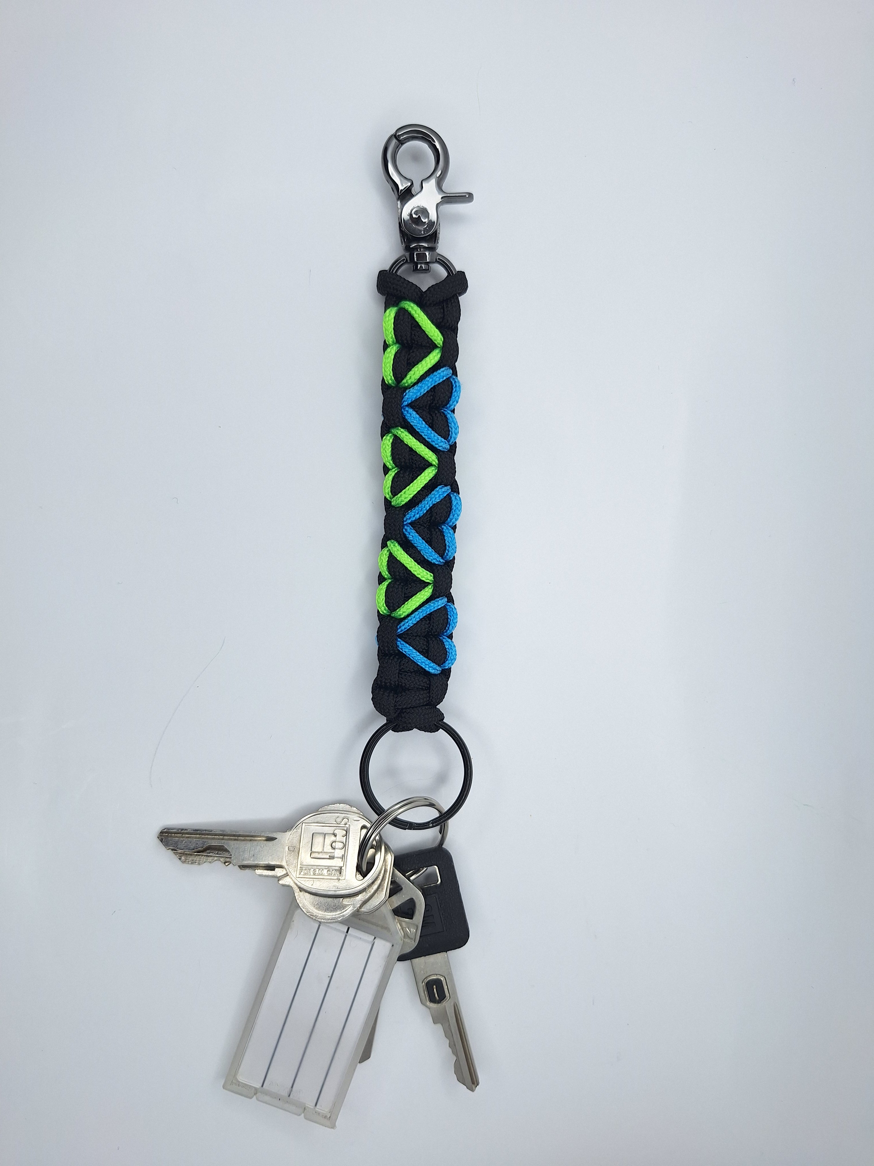 Black paracord Keychain with green and blue hearts