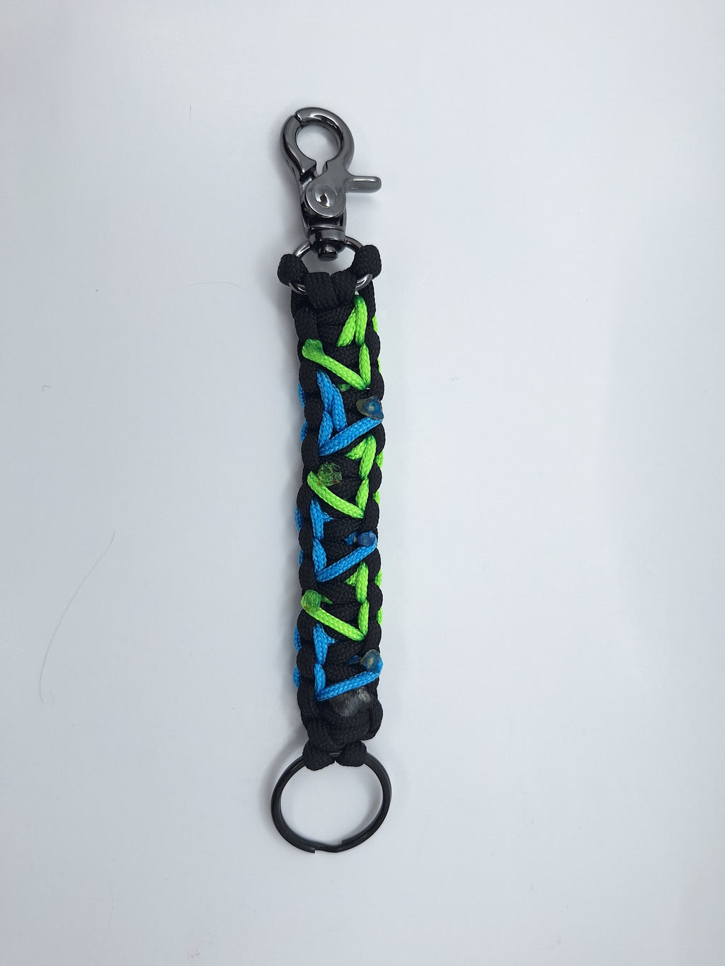 Black paracord Keychain with green and blue hearts