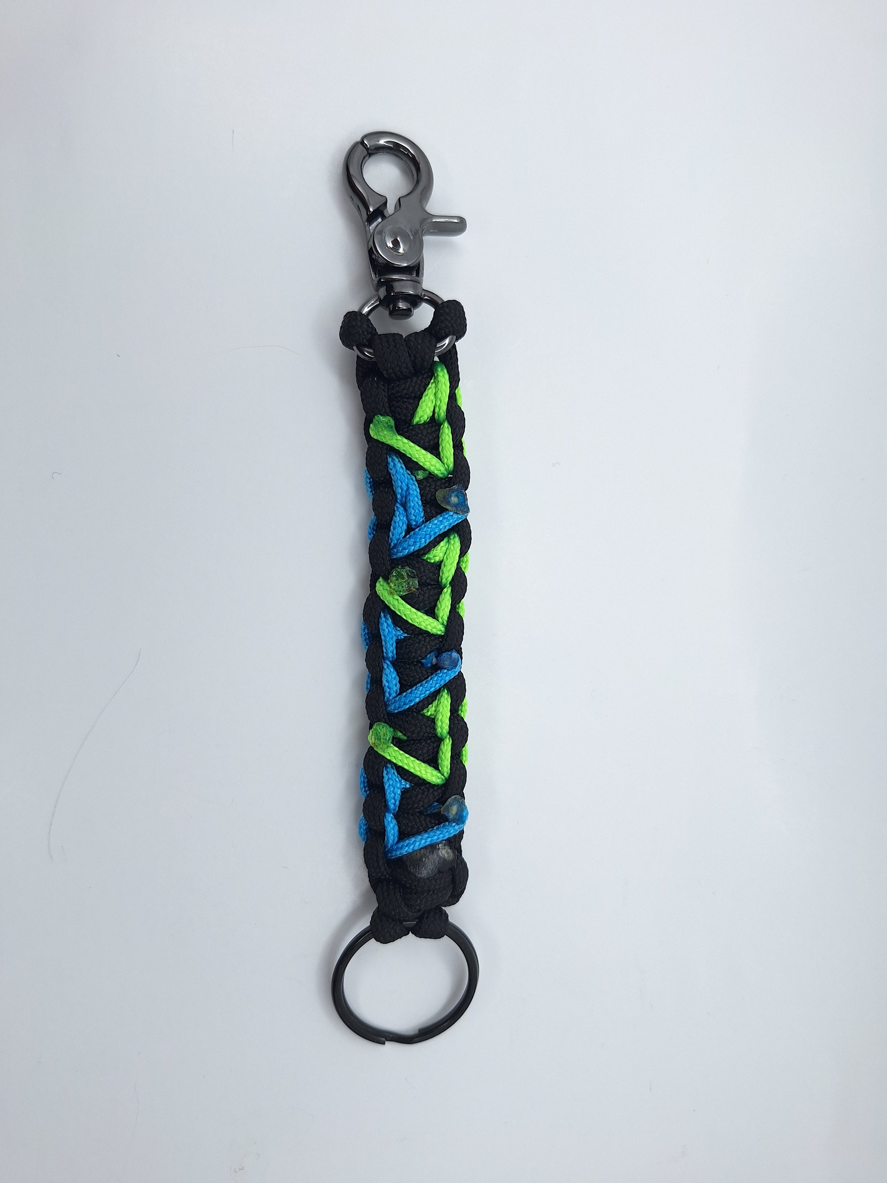 Black paracord Keychain with green and blue hearts