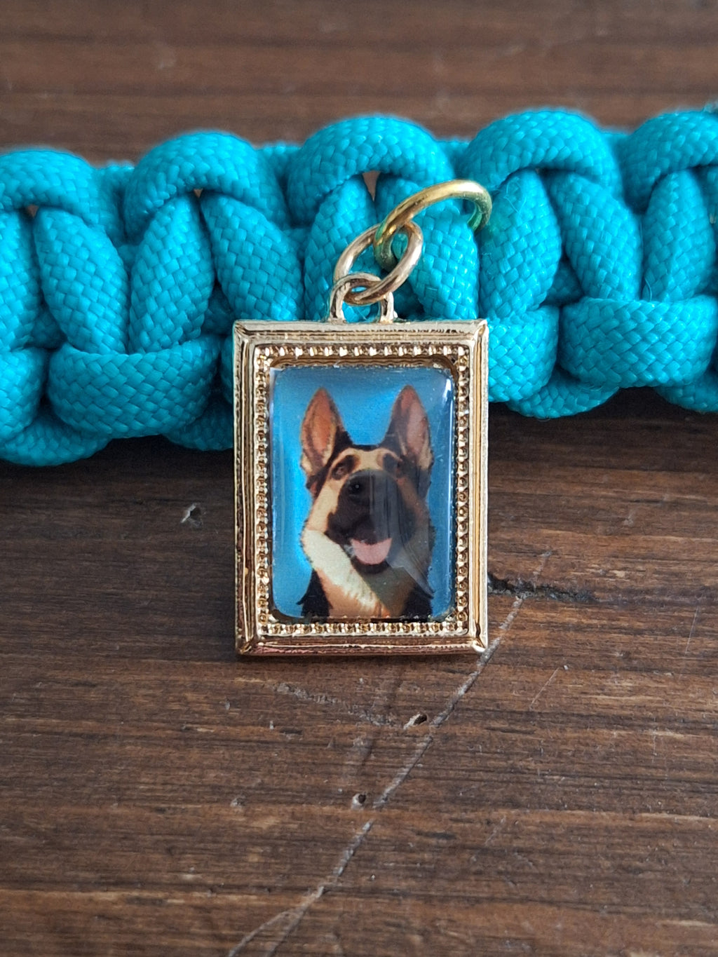 Teal German shepherd Keychain with coffee