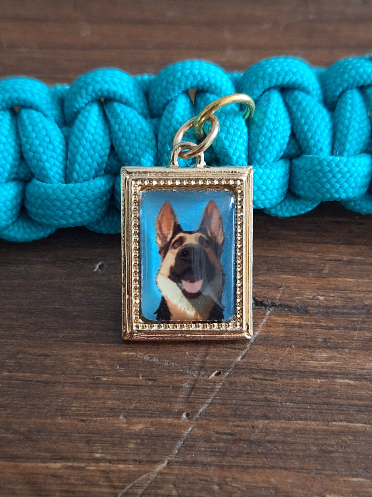 Teal German shepherd Keychain with coffee