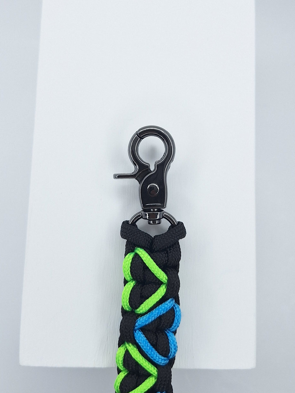 Black paracord Keychain with green and blue hearts