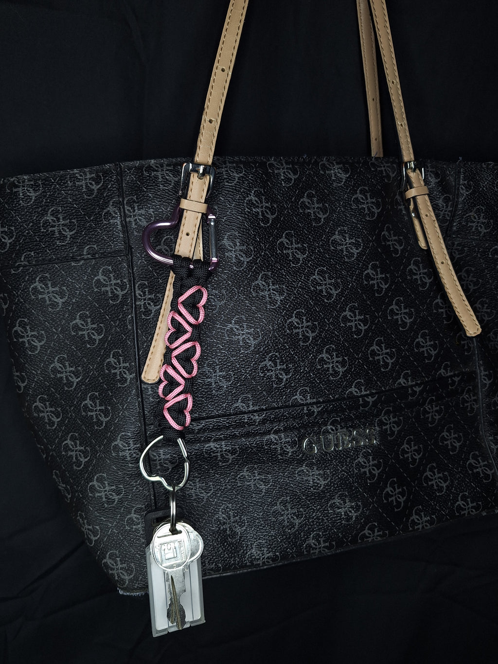 Black paracord Keychain with pink hearts