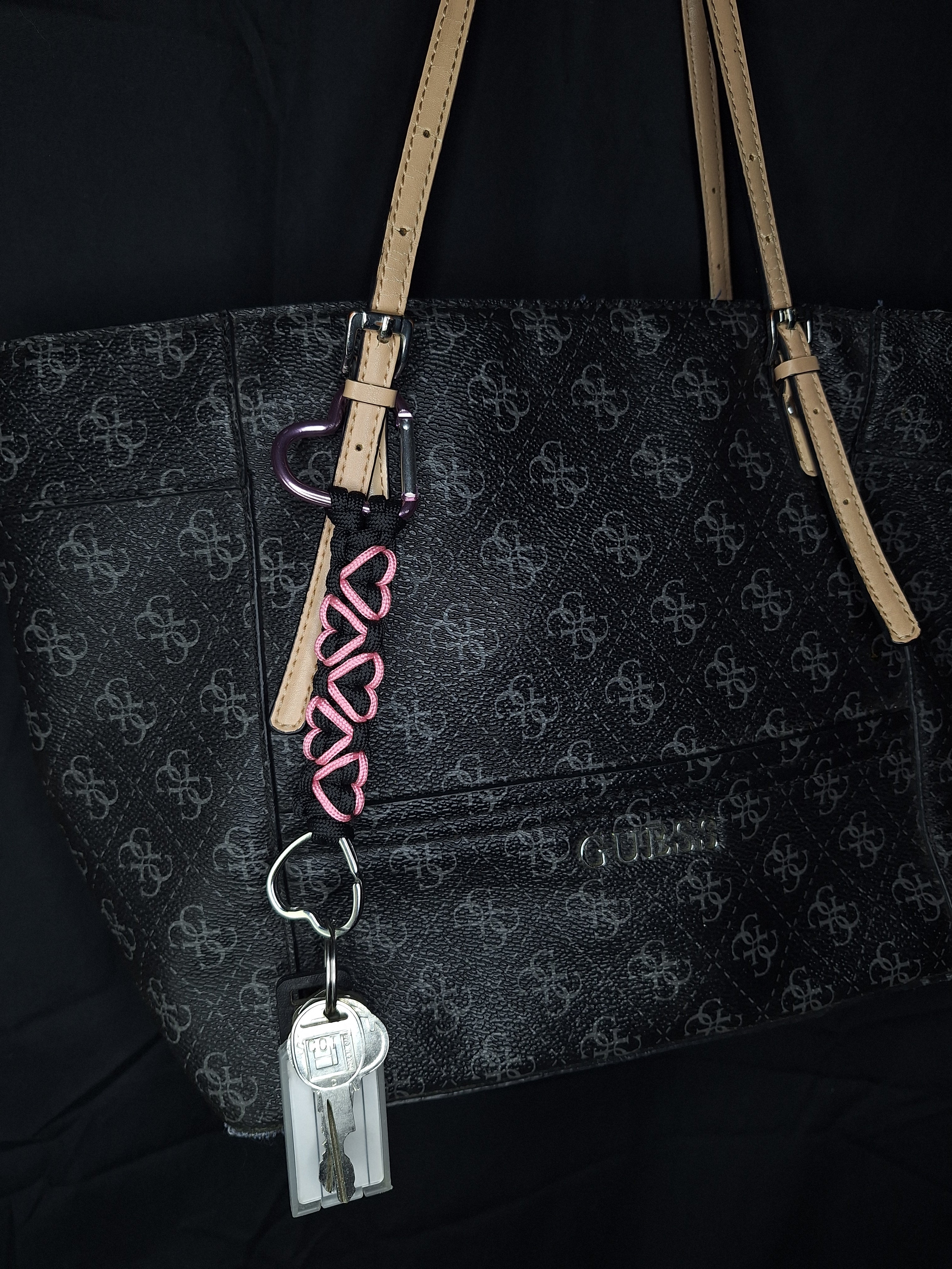 Black paracord Keychain with pink hearts