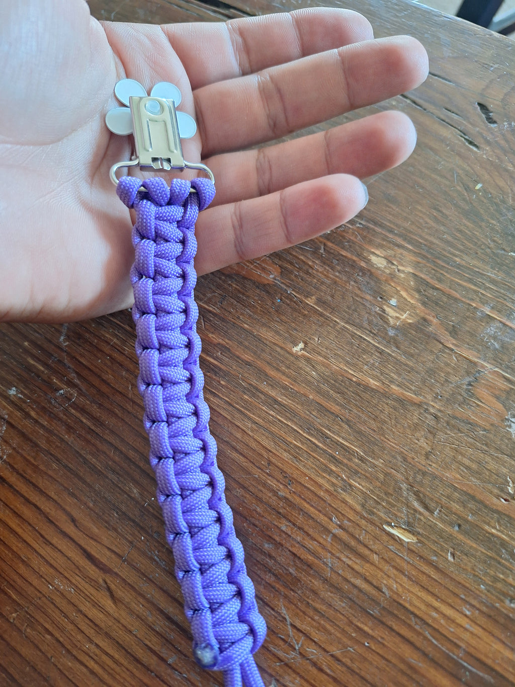 Lavender binky holder with white heart clip