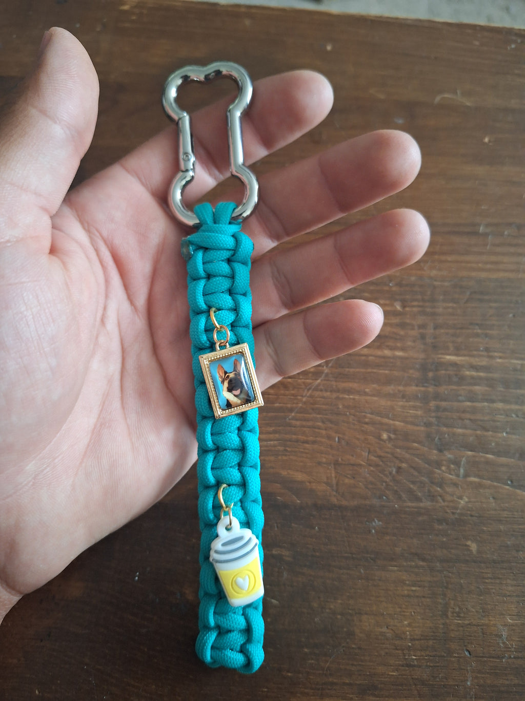 Teal German shepherd Keychain with coffee