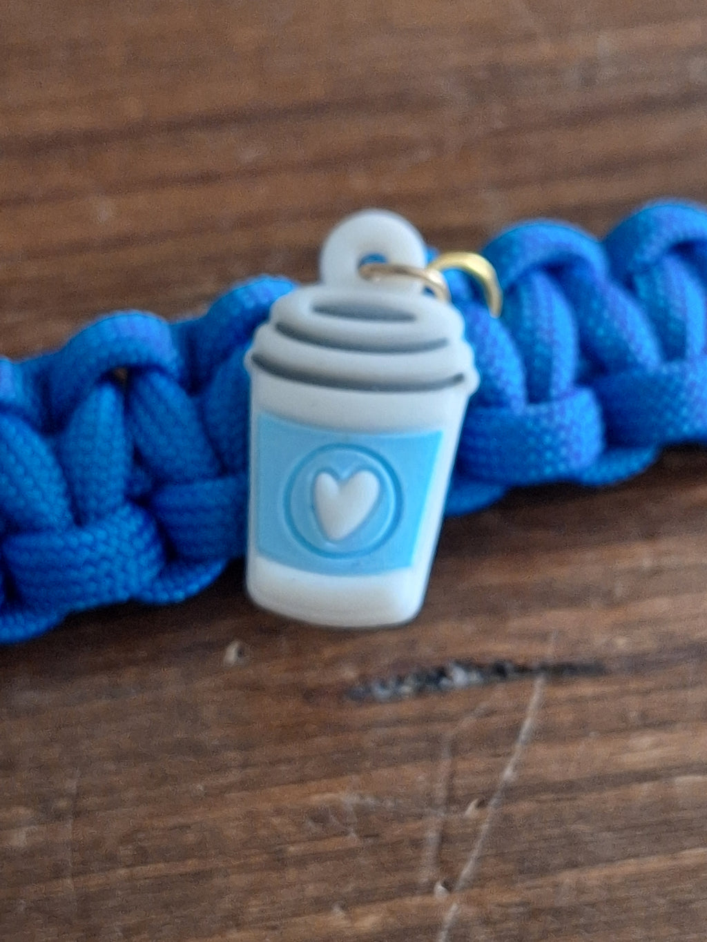 Sky blue golden retriever Keychain with coffee