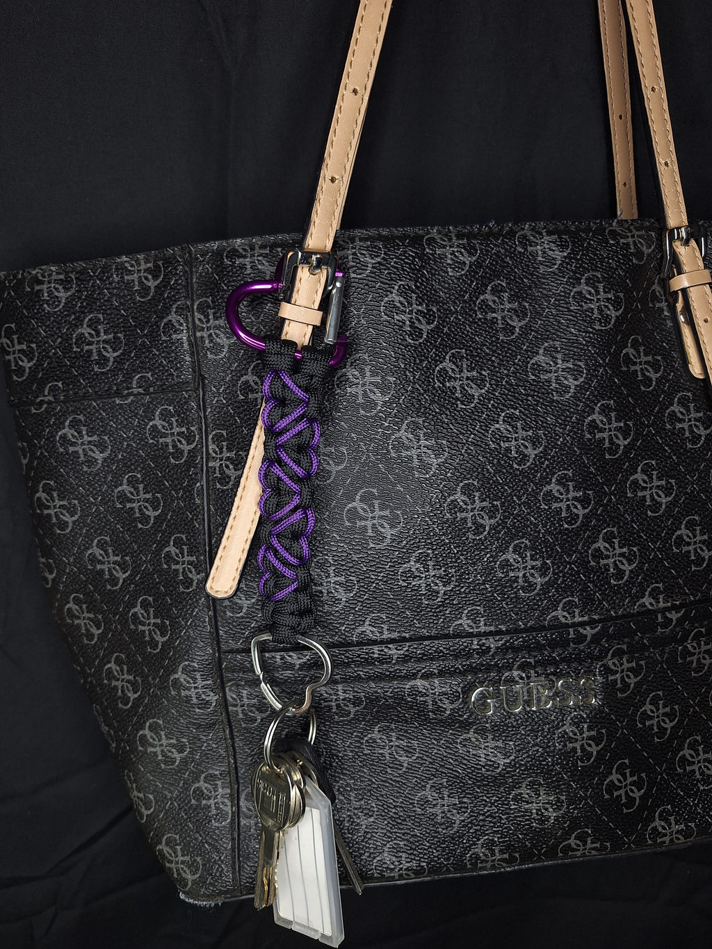 Black paracord Keychain with purple hearts